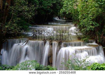 Huai Mae Khamin Waterfall Is A Major Attraction In Sri Nakarin Dam National Park. The Multi-tiered W