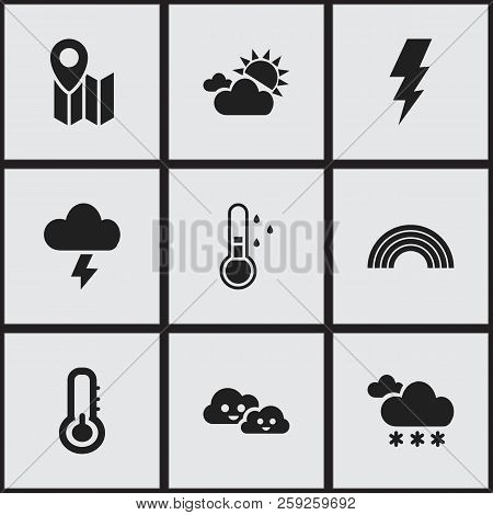 Set Of 9 Editable Climate Icons. Includes Symbols Such As Electrical Discharge, Weather After Rain, 