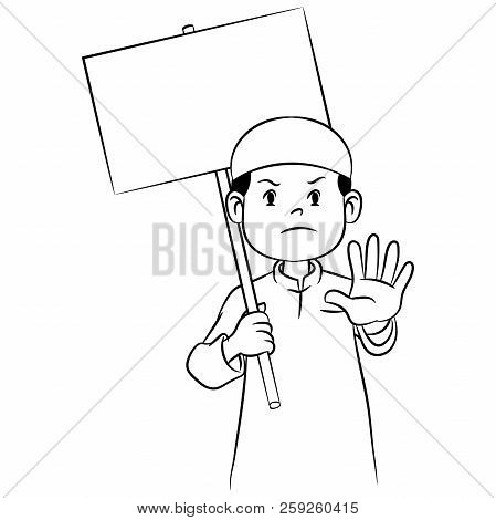 Boy Hold Board, Hand Drawn For Coloring Book, Education Concept - Vector Illustration.
