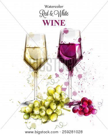 Wine Glasses Watercolor Vector. Vintage Painted Style Illustrations