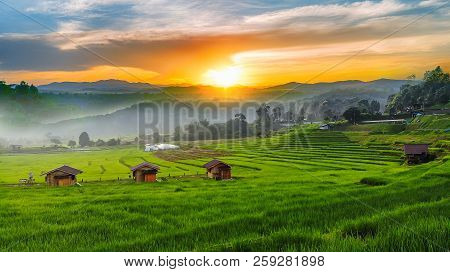 Aerial View From Drone Landscape Paddy Terraces Fild With Hut In Chiang Mai Thailand.(f2.8 From Dron