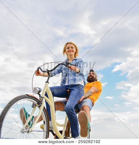 Couple With Bicycle Romantic Date Sky Background. Explore City. Man And Woman Rent Bike To Discover 