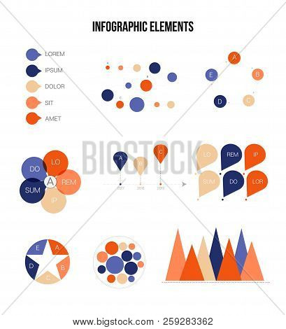 Business Info Visualisation Inforgaphic Elements Vector Set. Blue, Brown, Orange Pie Chart, Circle D