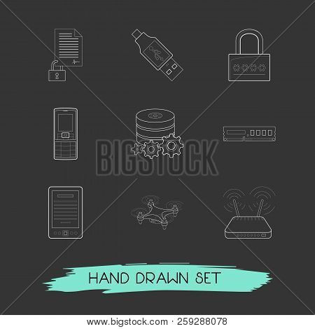 Set Of Electronic Icons Line Style Symbols With Modem, E-book, Documents Protection And Other Icons 