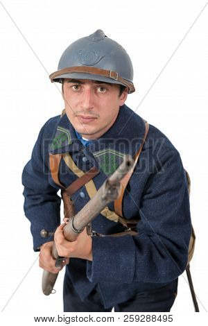 A French Soldier 1914 1918 Attack, November 11th On White Background