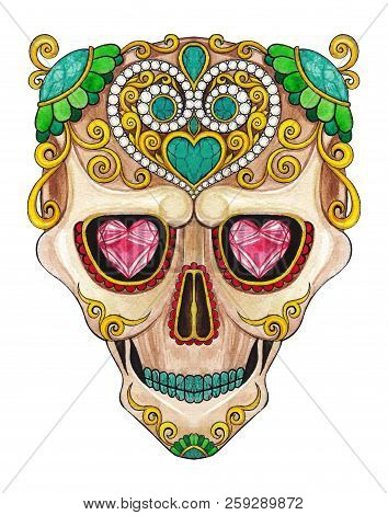 Art Sugar Skull Day Of The Dead. Hand Watercolor Painting On Paper.