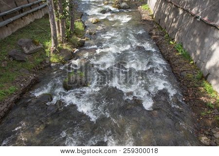 Beautiful Place At Source Of The River In The Mountains. Mountain River In Resort Sairme. Clean Moun