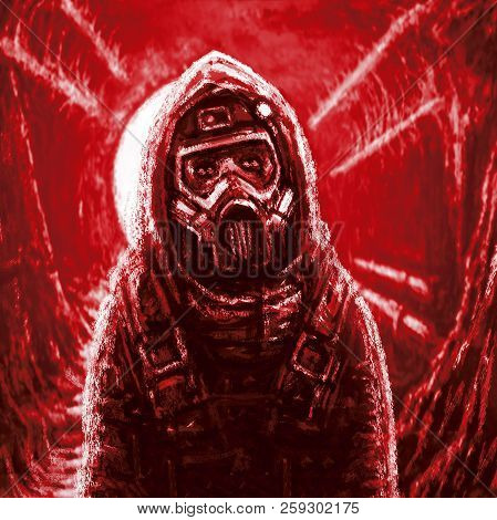 Man In Protective Suit And Gas Mask. Infection Area. Red Background Color.
