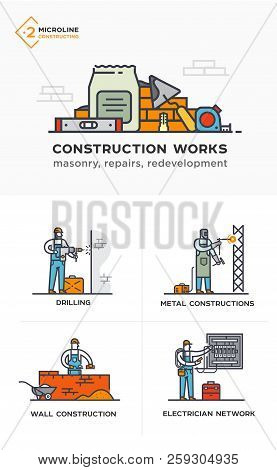 Builders, Masonry, Metal Structures, Electricity, Walls. Stages Of Construction. Lined Icon Icons. A