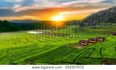 Aerial View From Drone Landscape Paddy Terraces Fild With Hut In Chiang Mai Thailand.(f2.8 From Dron