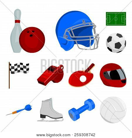 Different Kinds Of Sports Cartoon Icons In Set Collection For Design. Sport Equipment Vector Symbol 