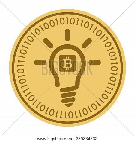 Golden Coin With Light Bulb Sign. Money And Finance Symbol Cryptocurrency. Vector Illustration Isola