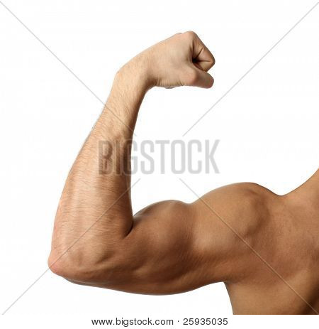 Flexing biceps isolated on white