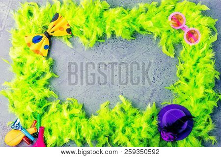 Colorful Frame With Party Items On Grey Background.carnival Conzept