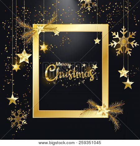 Merry Christmas And Happy New Year, Golden Glitter Of Christmas Elegant Frame With Diamond Dust Shin