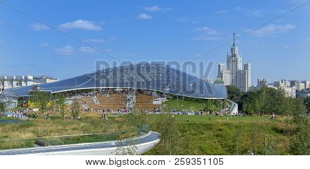 Moscow - July 29, 2018: Modern Amphitheater With Glass Dome In Zaryadye Park Near Moscow Kremlin, Ru