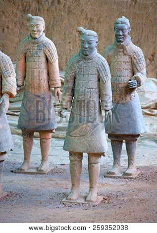 XIAN, CHINA - October 8, 2017: Famous Terracotta Army in Xi'an, China. The mausoleum of Qin Shi Huang,the first Emperor of China contains collection of terracotta sculptures of armored men and horses.