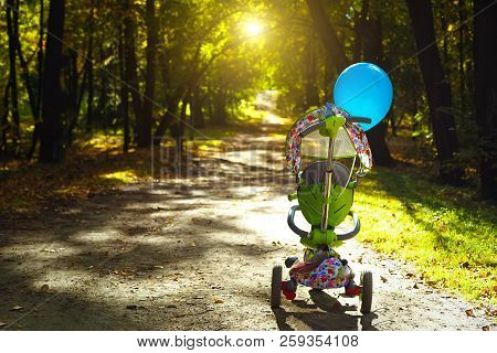 Concept Of Loneliness, Childlessness, Lack Of Family. Empty Baby Stroller Left In A Park On A Autumn