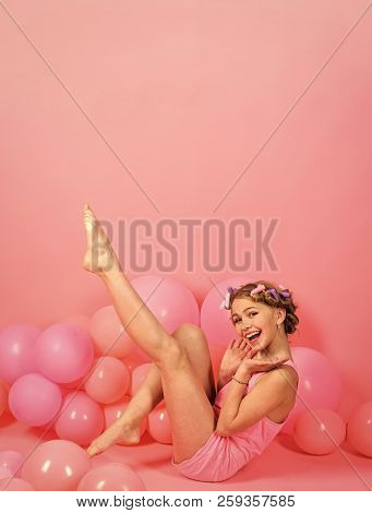 Party, Holiday Balloons On Pink Studio Background. Birthday Decor, Childhood. Little Girl Dreaming, 