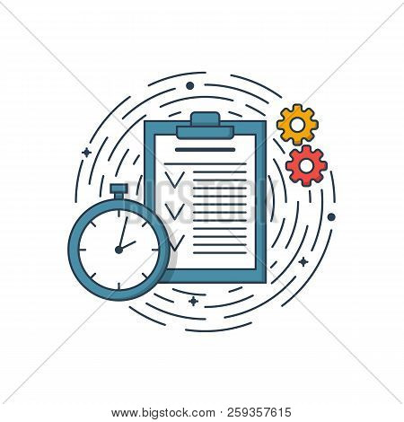Vector Business Illustration Of Blue Colors Folder Page, Clock And Engineering. Graphic Design Conce