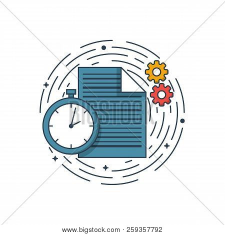 Vector Business Illustration Of Blue Colors Document, Clock And Engineering. Graphic Design Concept