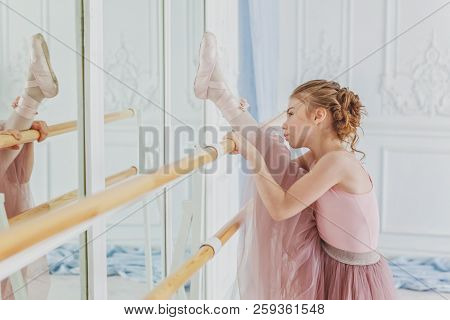 Young Classical Ballet Dancer Girl In Dance Class. Beautiful Graceful Ballerina Practice Ballet Posi
