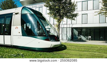 Strasbourg, France - Sep 15, 2018: French Tramway Driving Near The Institut National Des Etudes Terr
