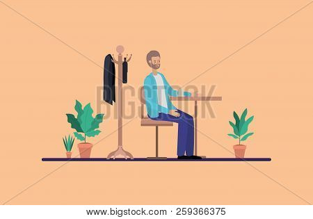 Young Man Drinking Coffee On The Dinning Room Vector Illustration Design