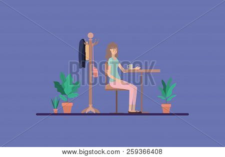 Young Woman Drinking Coffee On The Dinning Room Vector Illustration Design