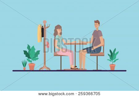Young Couple Drinking Coffee On The Dinning Room Vector Illustration Design