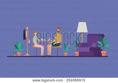 Young Couple Drinking Coffee On The House Vector Illustration Design