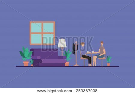 Young Couple Drinking Coffee On The House Vector Illustration Design