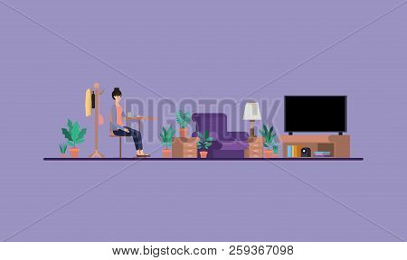 Young Woman Drinking Coffee On The House Vector Illustration Design