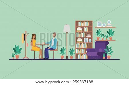 Young Couple Drinking Coffee On The House Vector Illustration Design
