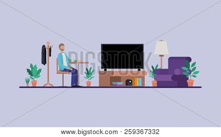 Young Man Drinking Coffee On The House Vector Illustration Design