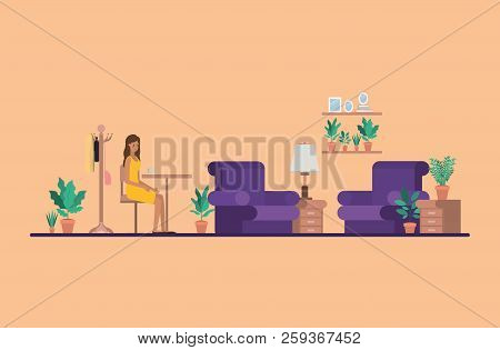 Young Woman Drinking Coffee On The House Vector Illustration Design