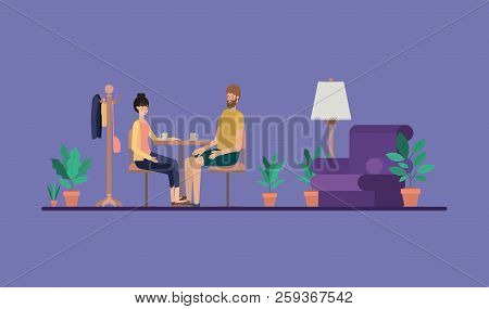 Young Couple Drinking Coffee On The House Vector Illustration Design