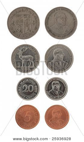 Conjunto de moedas de Mauritian Rupee isolado no branco