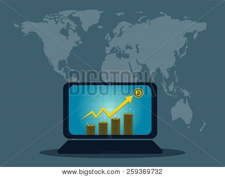 Business Laptop Concept Symbol On-screen. Bitcoin Gold Icon For Rowth Chart On Background Map World.
