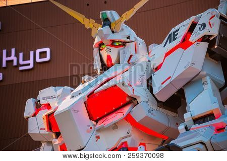 Tokyo, Japan - April 20 2018: Full-size Mobile Suit  Rx-0 Unicorn Gundam Replica From The Mobile Sui