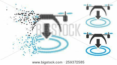Copter Landing Icon In Fragmented, Pixelated Halftone And Whole Versions. Fragments Are Combined Int