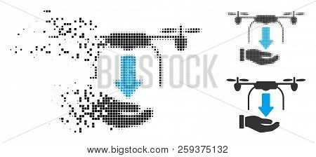 Unload Drone Hand Icon In Dispersed, Dotted Halftone And Original Versions. Pieces Are Grouped Into 