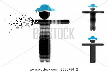 Gentleman Scarescrow Icon In Dispersed, Dotted Halftone And Entire Versions. Particles Are Arranged 