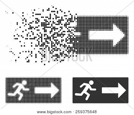 Emergency Exit Icon In Fractured, Pixelated Halftone And Original Versions. Elements Are Arranged In