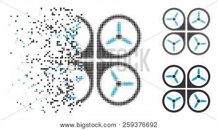 Quadrotor Icon In Dissolved, Dotted Halftone And Undamaged Variants. Points Are Organized Into Vecto