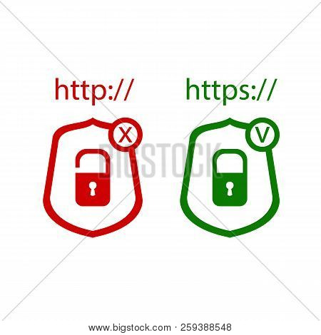 Vector Icons: Http And Https Protocols With Lock, Green And Red Icons, Check And Cross: Red And Gree