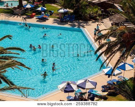 Malia. Crete, Greece - July 3, 2018: Swimming Pool At Luxury Hotel In Malia On Crete, Greece