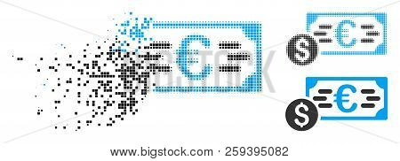 Dollar And Euro Cash Icon In Dispersed, Pixelated Halftone And Solid Versions. Pixels Are Combined I
