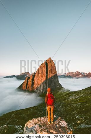 Backpacker Enjoying Segla Mountain View Traveling In Norway Hiking Adventure Trip Outdoor Lifestyle 