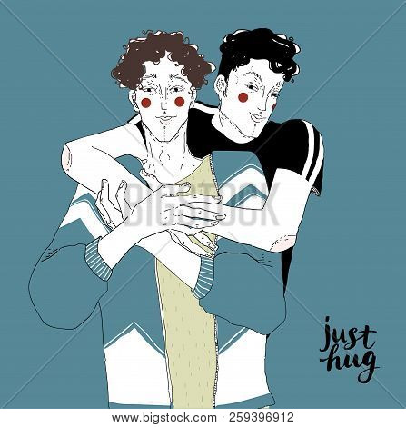 Drawing Of Young Smiling Man Standing Beside Other One And Embracing Him. Portrait Of Happy Male Fri